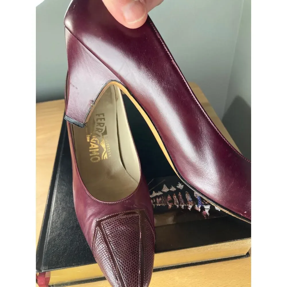 Ferragamo Vintage Snakeskin & Leather Burgundy Pumps Heels Sz 9.5 AAAA Narrow - Picture 5 of 10